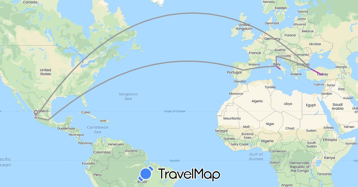 TravelMap itinerary: driving, plane, train, boat in Spain, Italy, Mexico, Turkey (Asia, Europe, North America)
